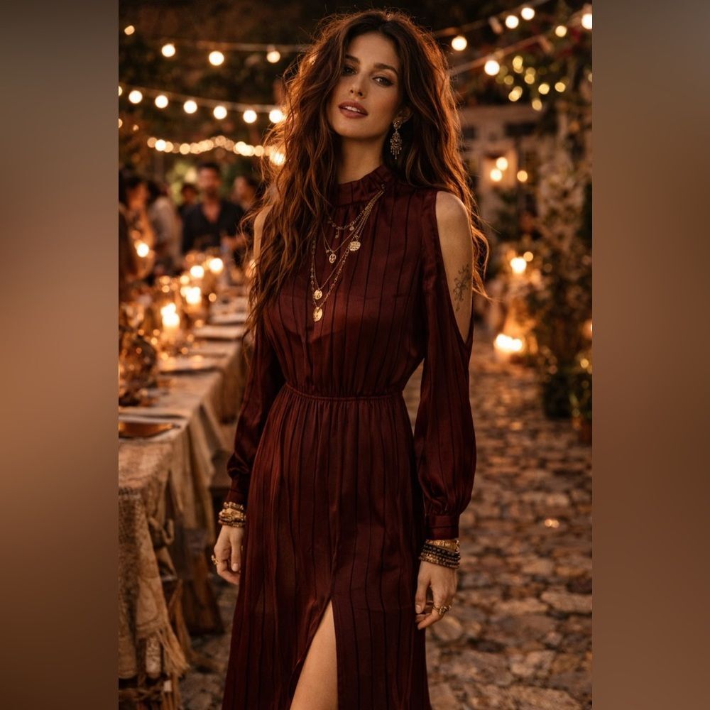 MAROON BLACK STRIPE MOCK TURTLENECK COLD SHOULDER MAXI DRESS EUC JOA